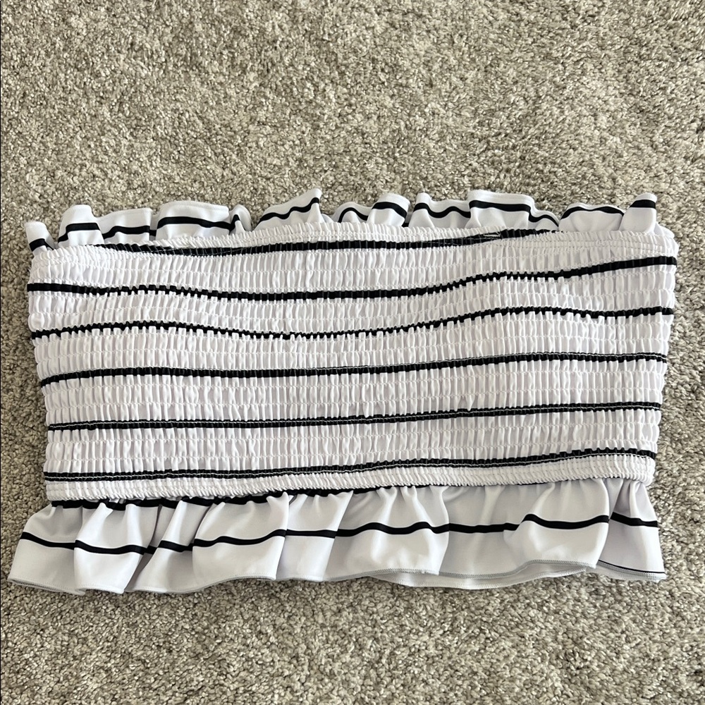 White & Black Striped Strapless Swim Tube Top